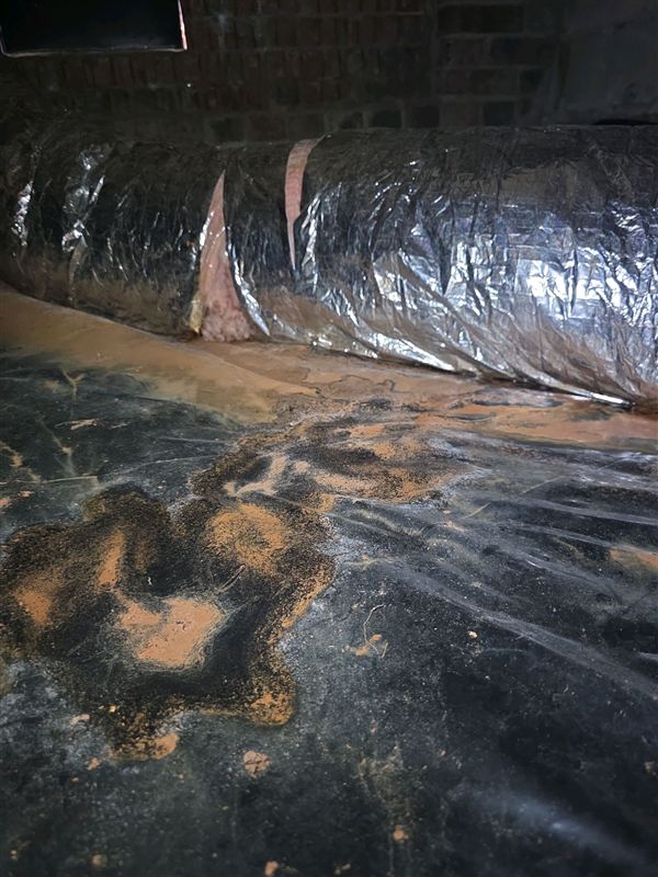 Torn duct covering lying on a crawlspace floor