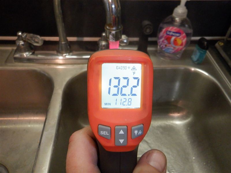 Hot water temperature reading of 132 degrees Fahrenheit